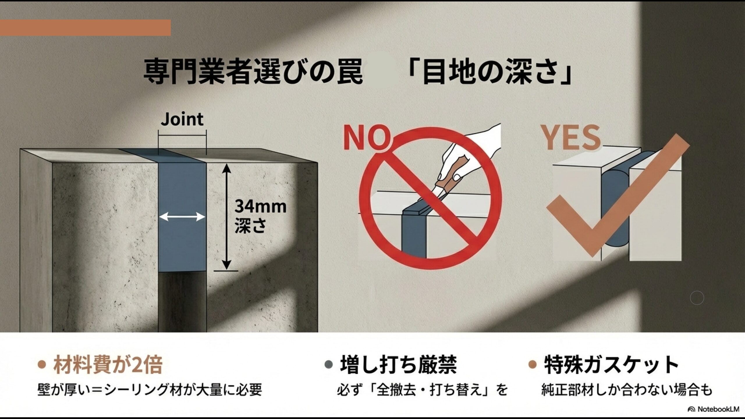 DXウォールの目地深さ34mmの構造図。増し打ち厳禁と全撤去打ち替えが必要な理由