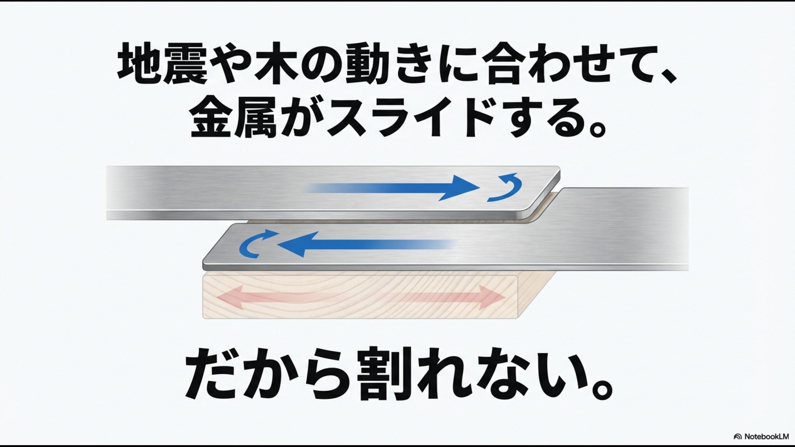 地震や木の動きに合わせて金属がスライドする仕組み。だから割れないという解説図