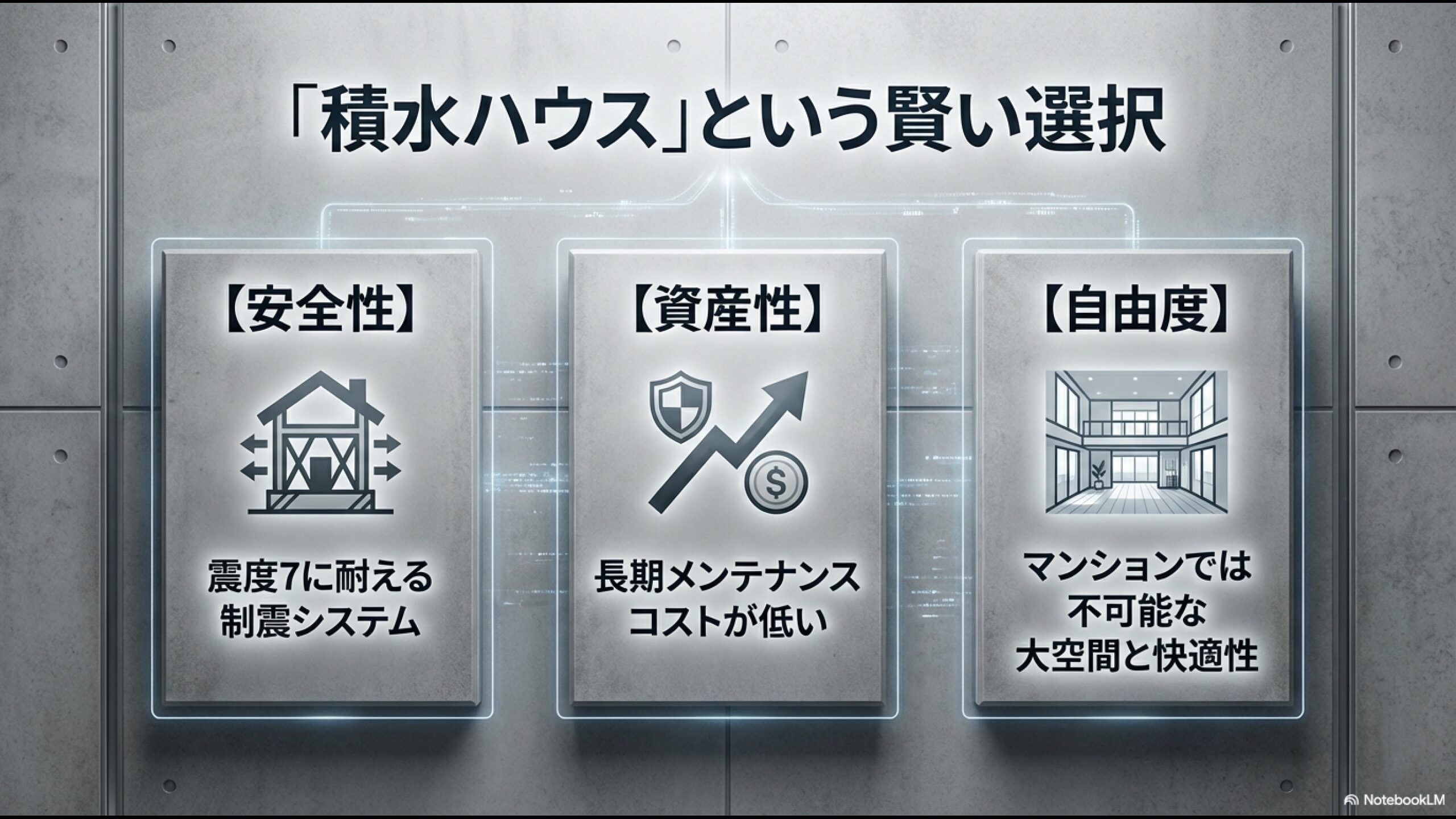 積水ハウスの注文住宅の特徴。震度7に耐える制震システム、低いメンテナンスコスト、マンションでは不可能な大空間リビングの実現について。