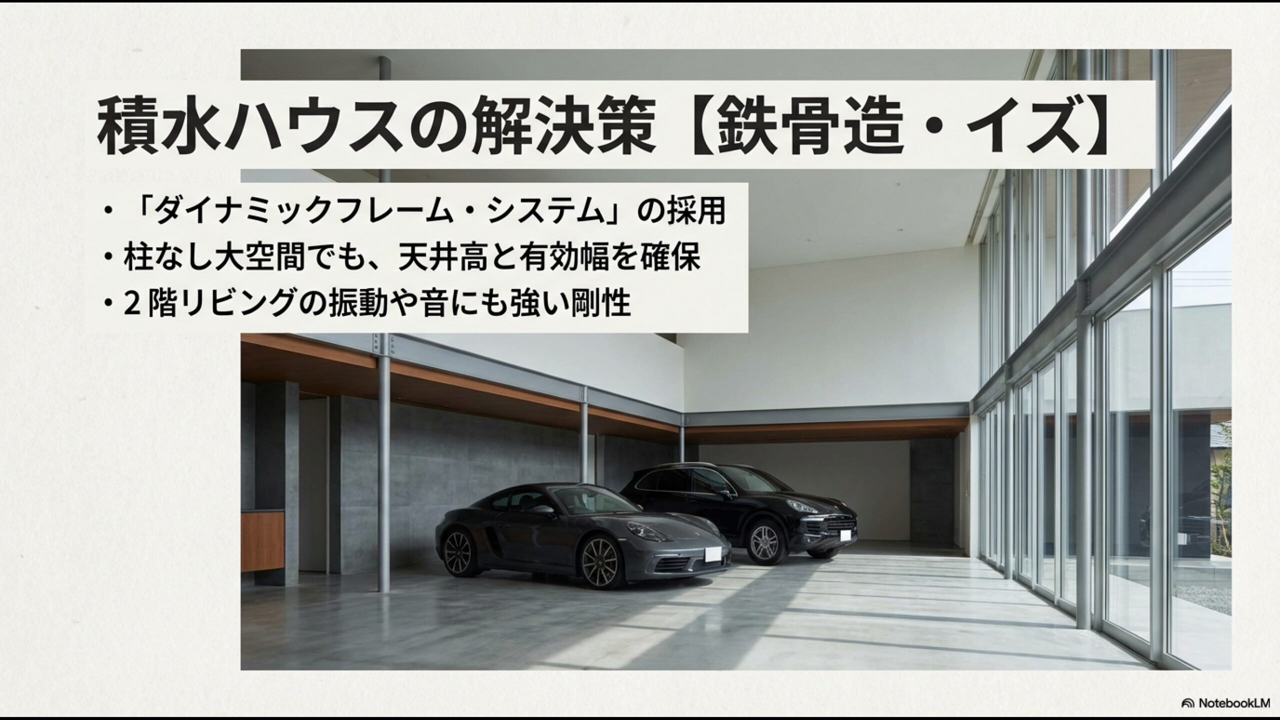 積水ハウスのダイナミックフレームシステムによる柱なし大空間ガレージの実現