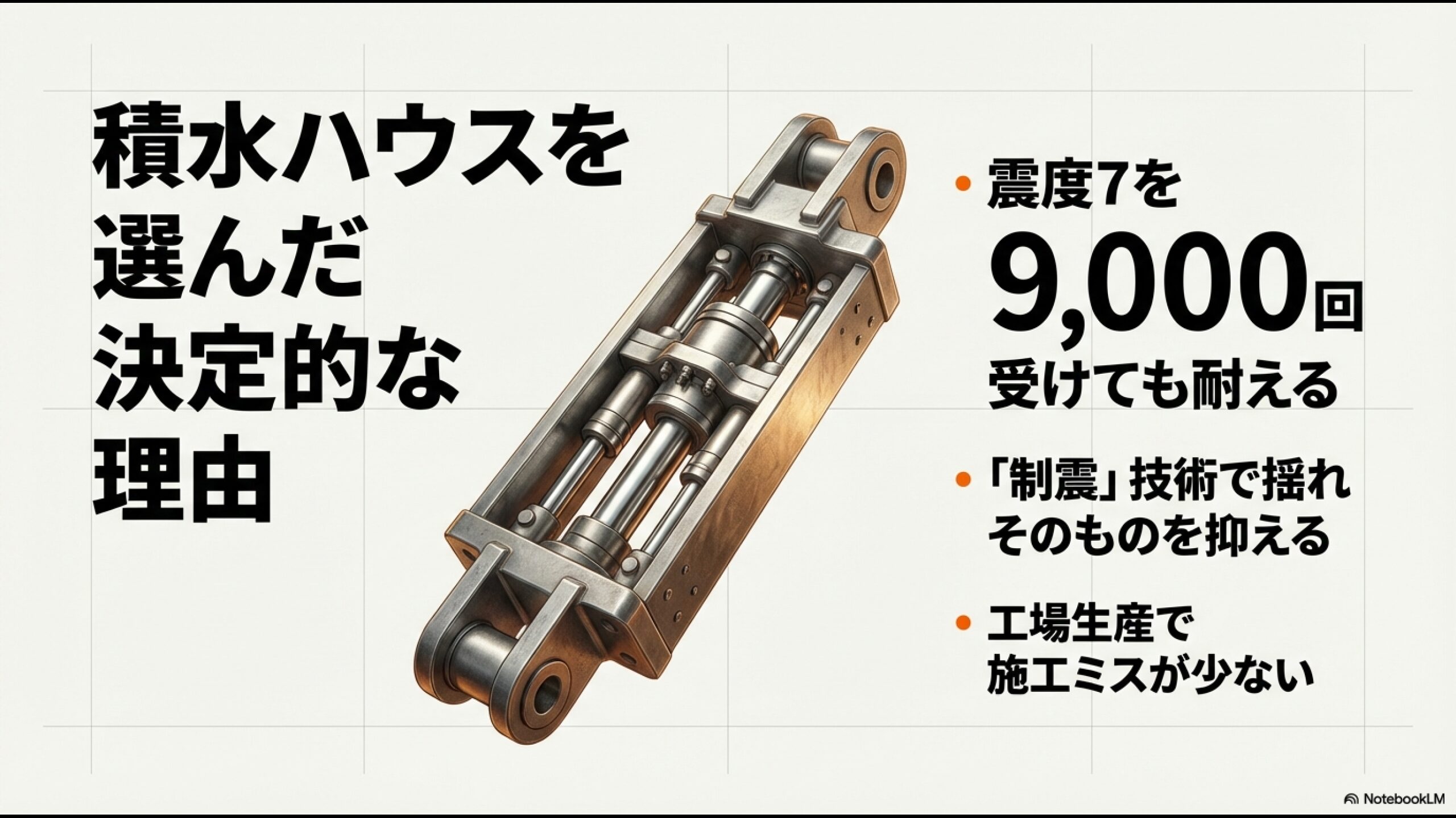 震度7を9,000回受けても耐える積水ハウスの制震技術と、施工ミスを防ぐ工場生産のメリットを示すスライド。