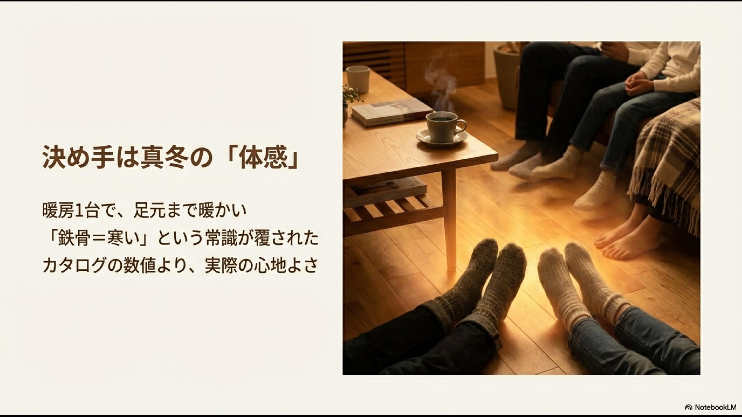 鉄骨住宅の寒さを覆す積水ハウスの居住性能。暖房1台で足元まで暖かいリビングでの家族団欒