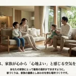 柔らかな光が差し込むリビングのソファで、笑顔で語らう四人家族の集合写真 。最後に「最高の家は、家族が心から『心地よい』と感じる空気をつくる家」という、家づくりにおける健康としあわせの大切さを伝えるメッセージで締めくくられている