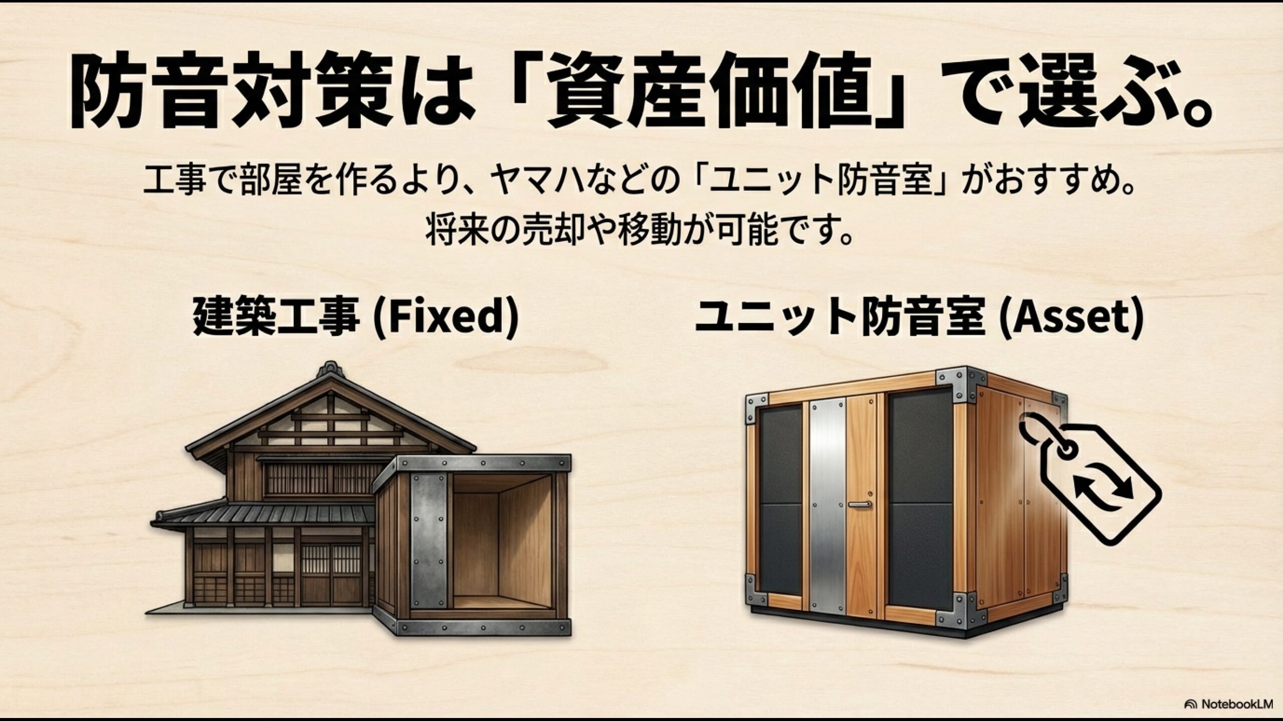 移動や売却が可能なユニット防音室と、固定されて動かせない建築工事の比較イラスト