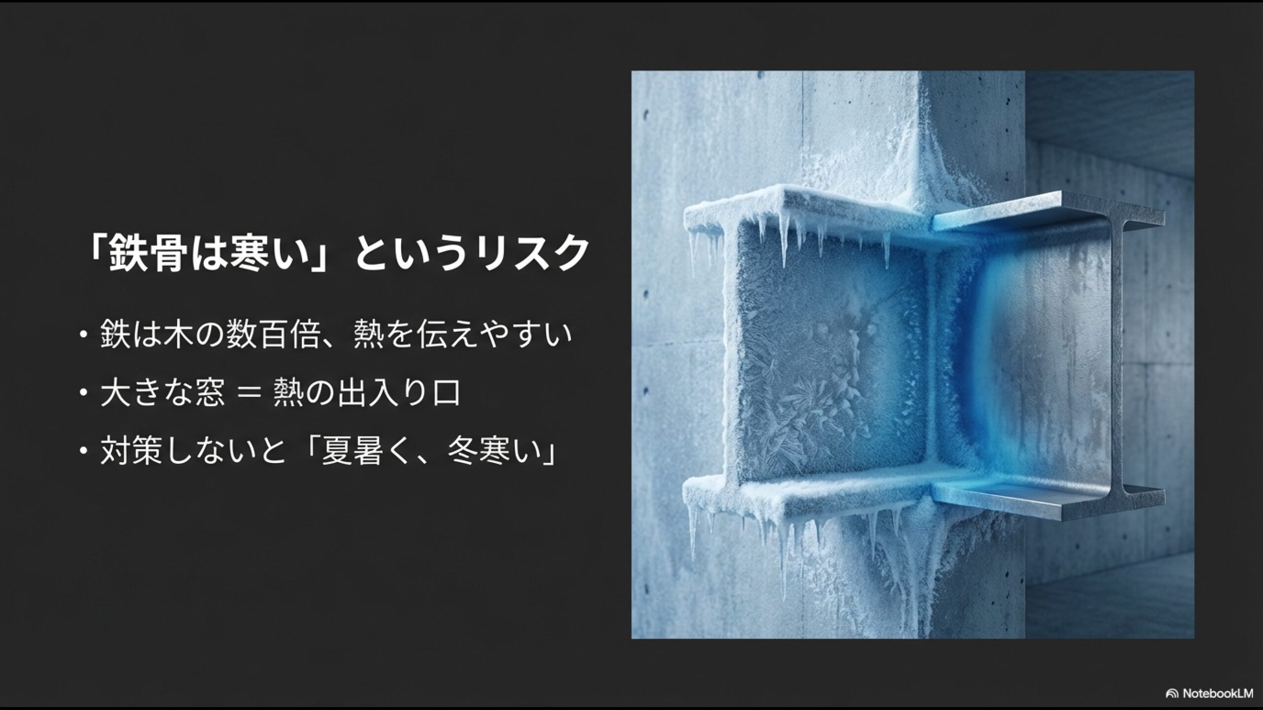 鉄骨造のデメリットである熱の伝わりやすさと、大きな窓からの熱損失リスクを表現したイメージ