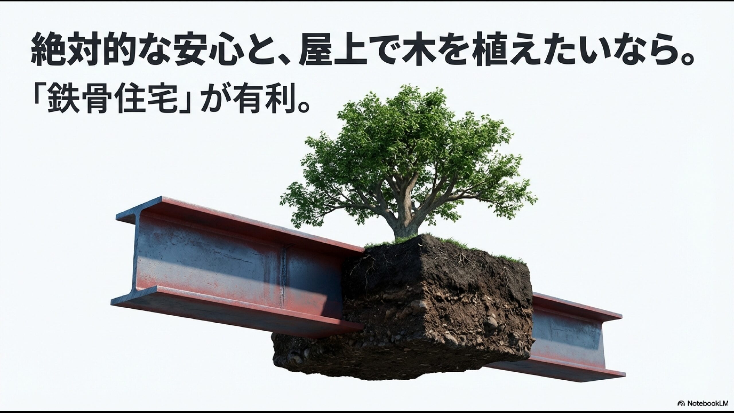 鉄骨の梁の上に土壌と木が乗っているイメージ図。絶対的な安心と屋上で木を植えたいなら鉄骨住宅が有利