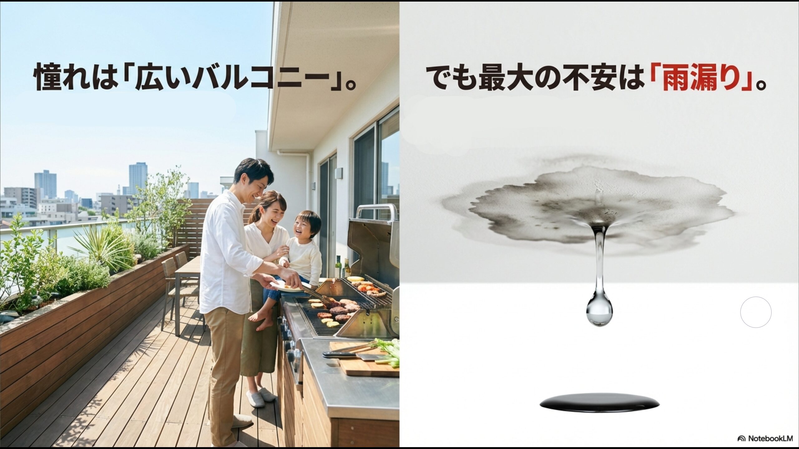 広いバルコニーで家族がBBQを楽しんでいる様子。「憧れは広いバルコニー」というキャッチコピー