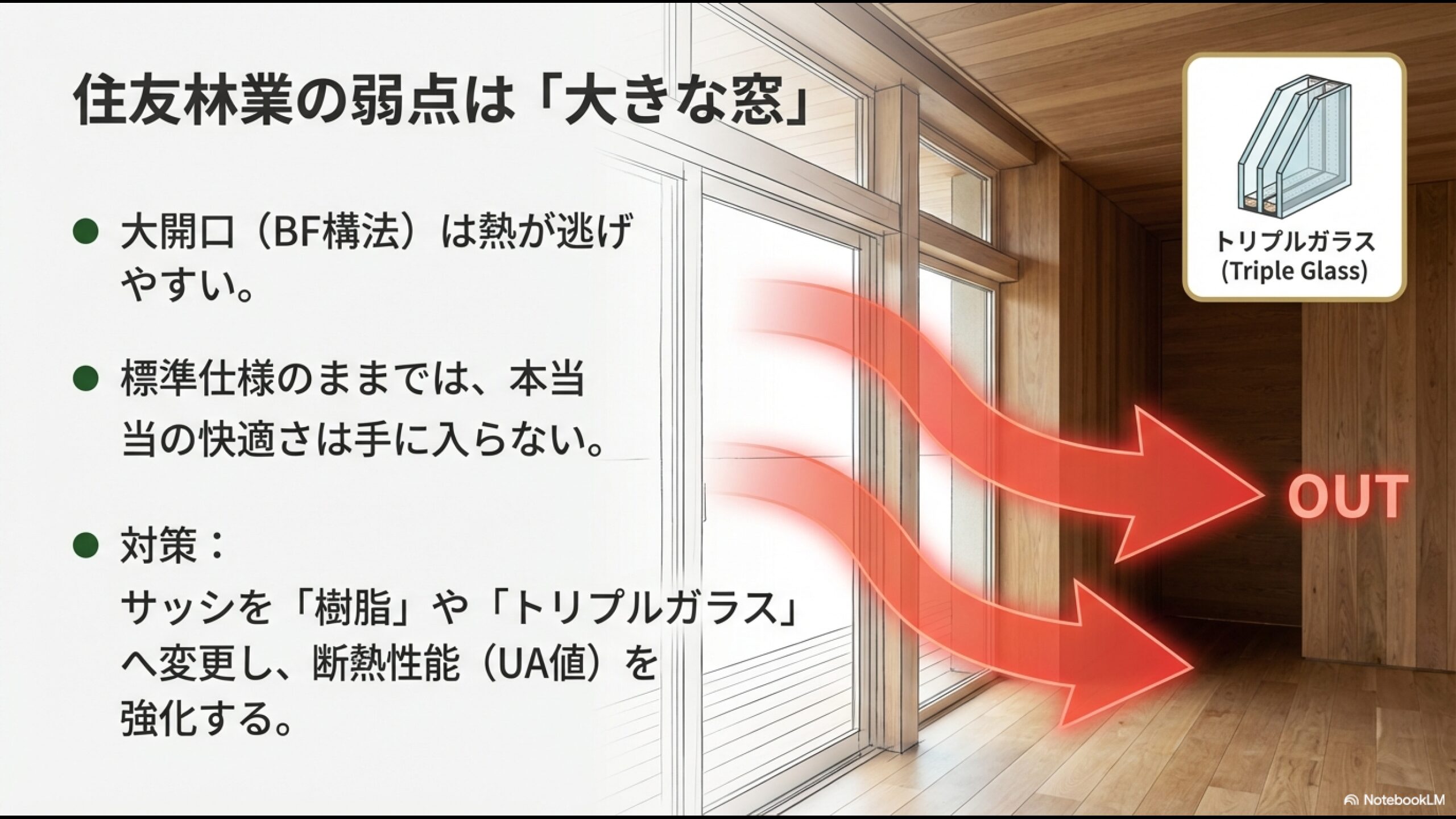 住友林業の弱点は大きな窓。BF構法の大開口には樹脂サッシやトリプルガラスへの変更で断熱性能UA値を強化する必要がある。