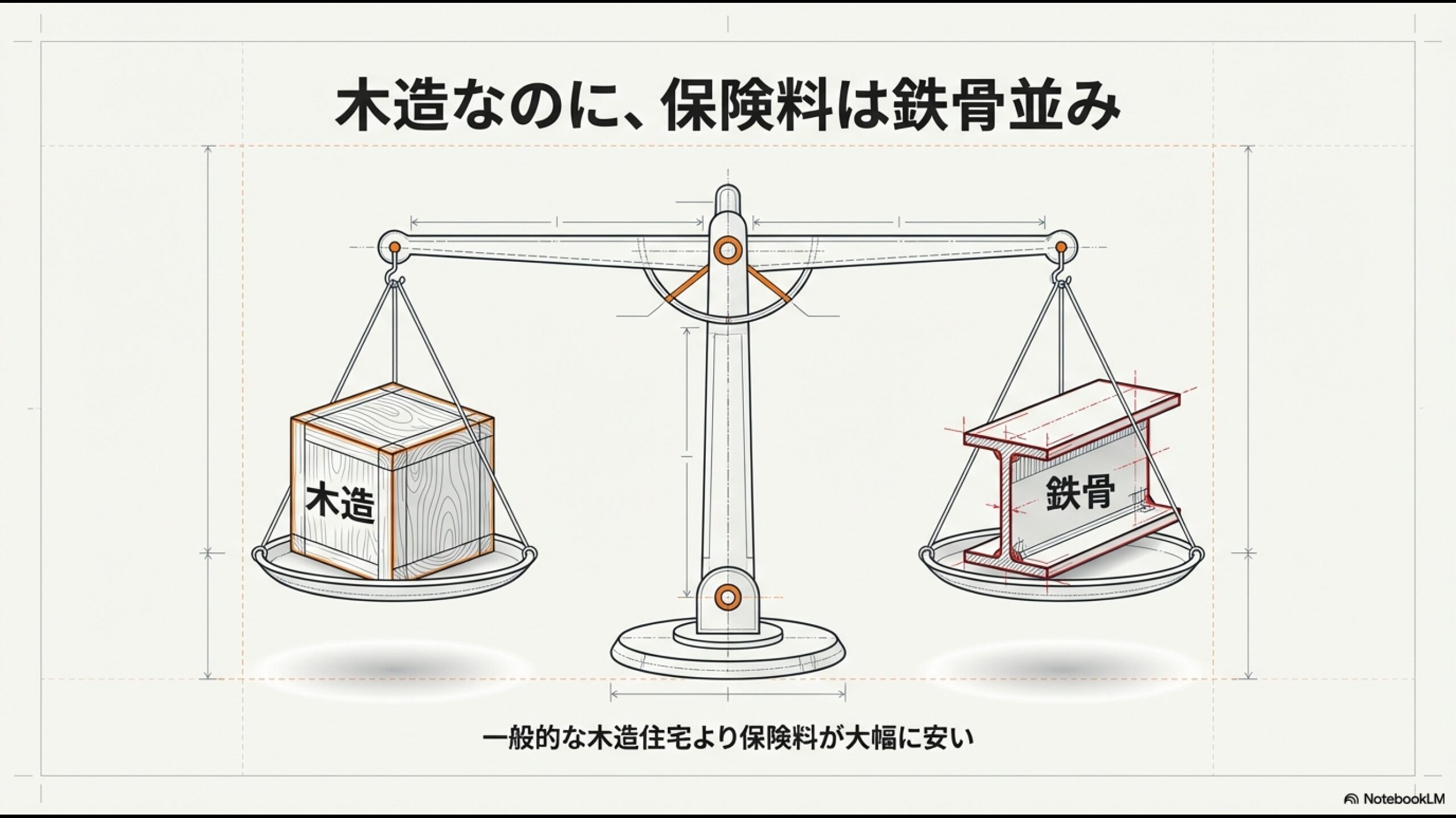 天秤に乗った木造住宅と鉄骨住宅のイラスト。木造住宅の火災保険料が鉄骨造並みに安くなることを比較表現。