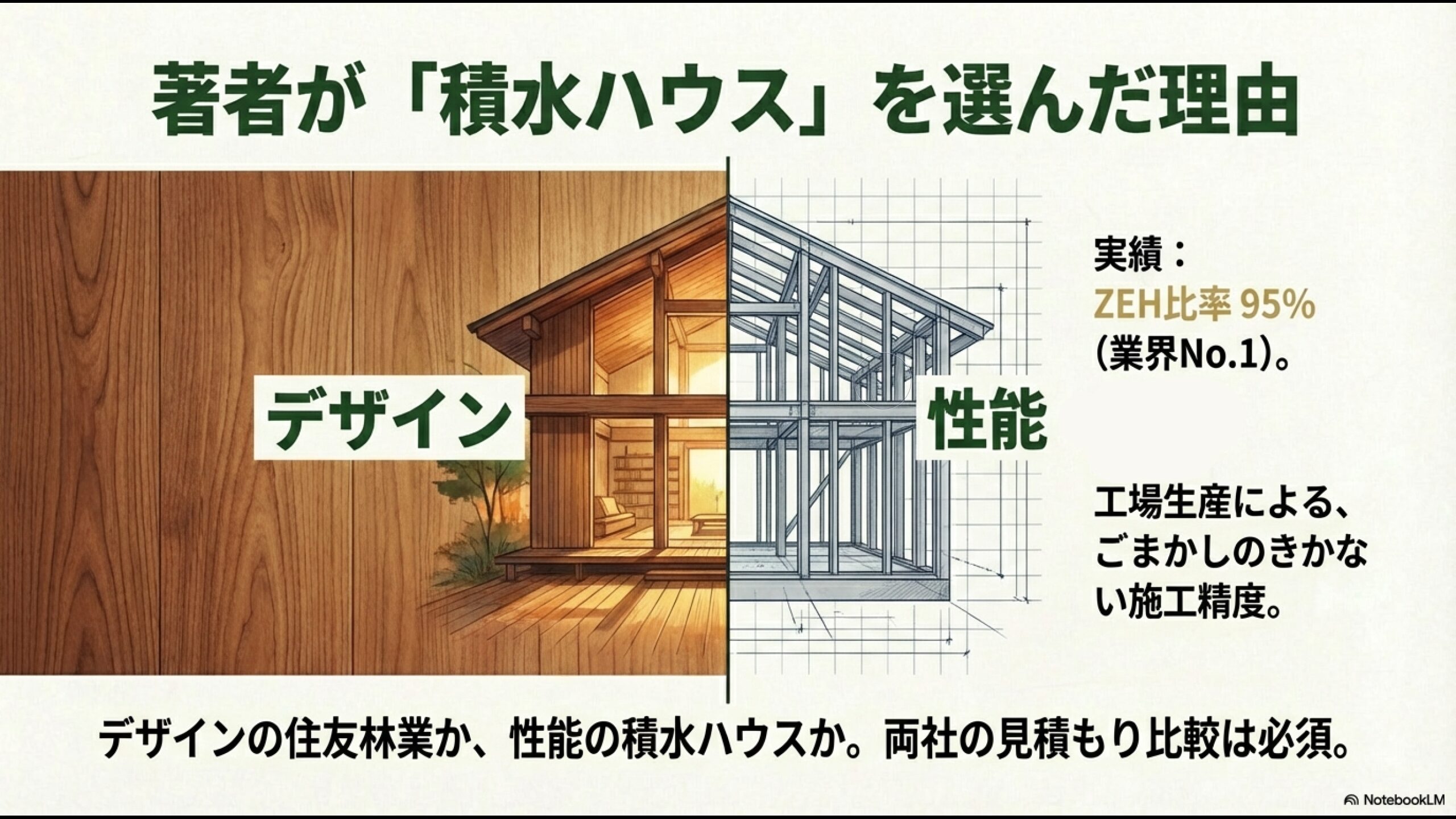 デザインの住友林業か、ZEH比率95%で性能の積水ハウスか。両社の見積もり比較の重要性。