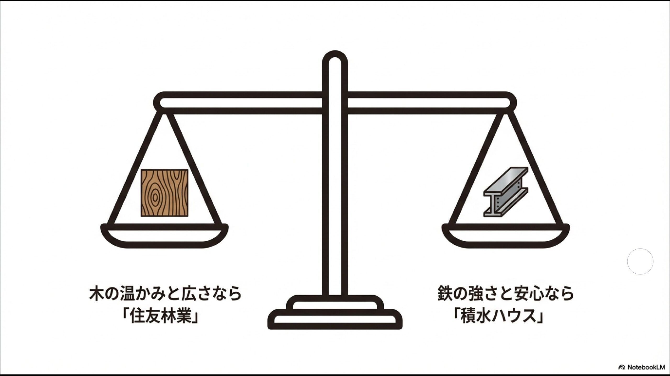 木の温かみと広さなら住友林業、鉄の強さと安心なら積水ハウスという特徴比較