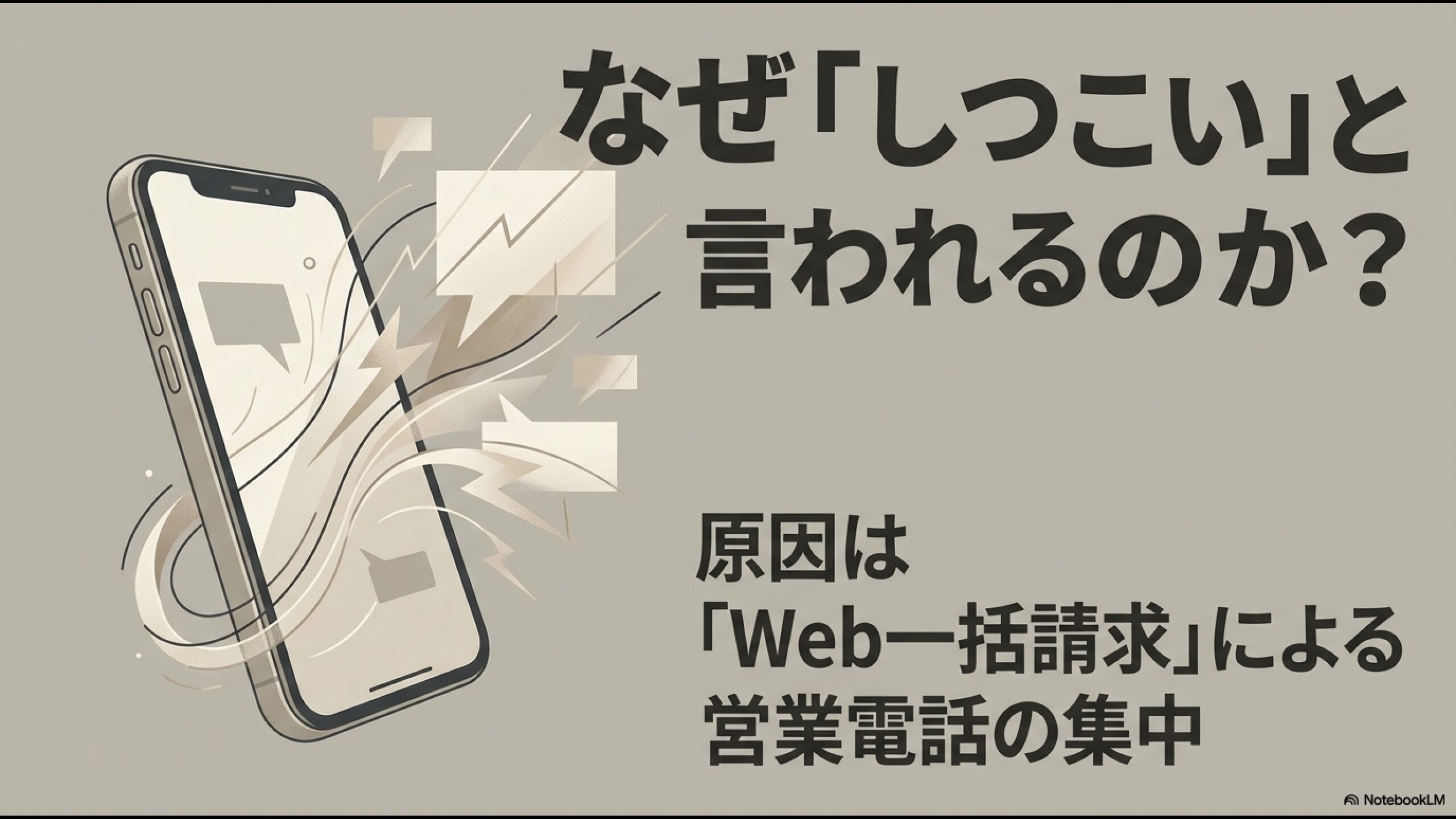 原因はWeb一括請求による営業電話の集中であることを示すスマートフォンと通知のイラスト