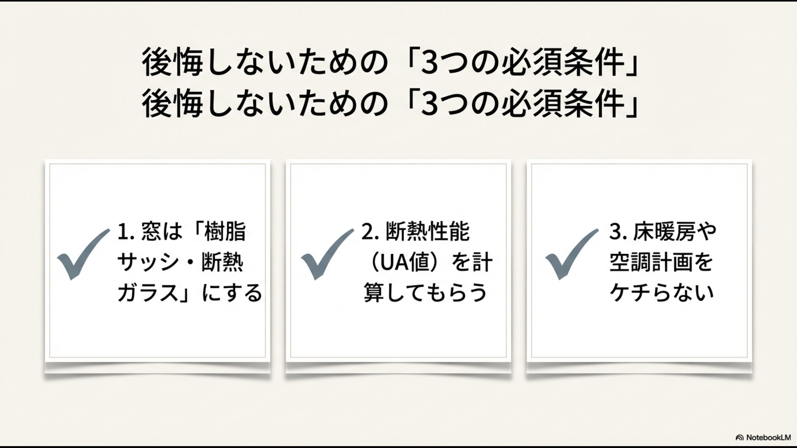 家づくりで失敗しないためのポイント:1.樹脂サッシ・断熱ガラス、2.UA値計算、3.空調計画