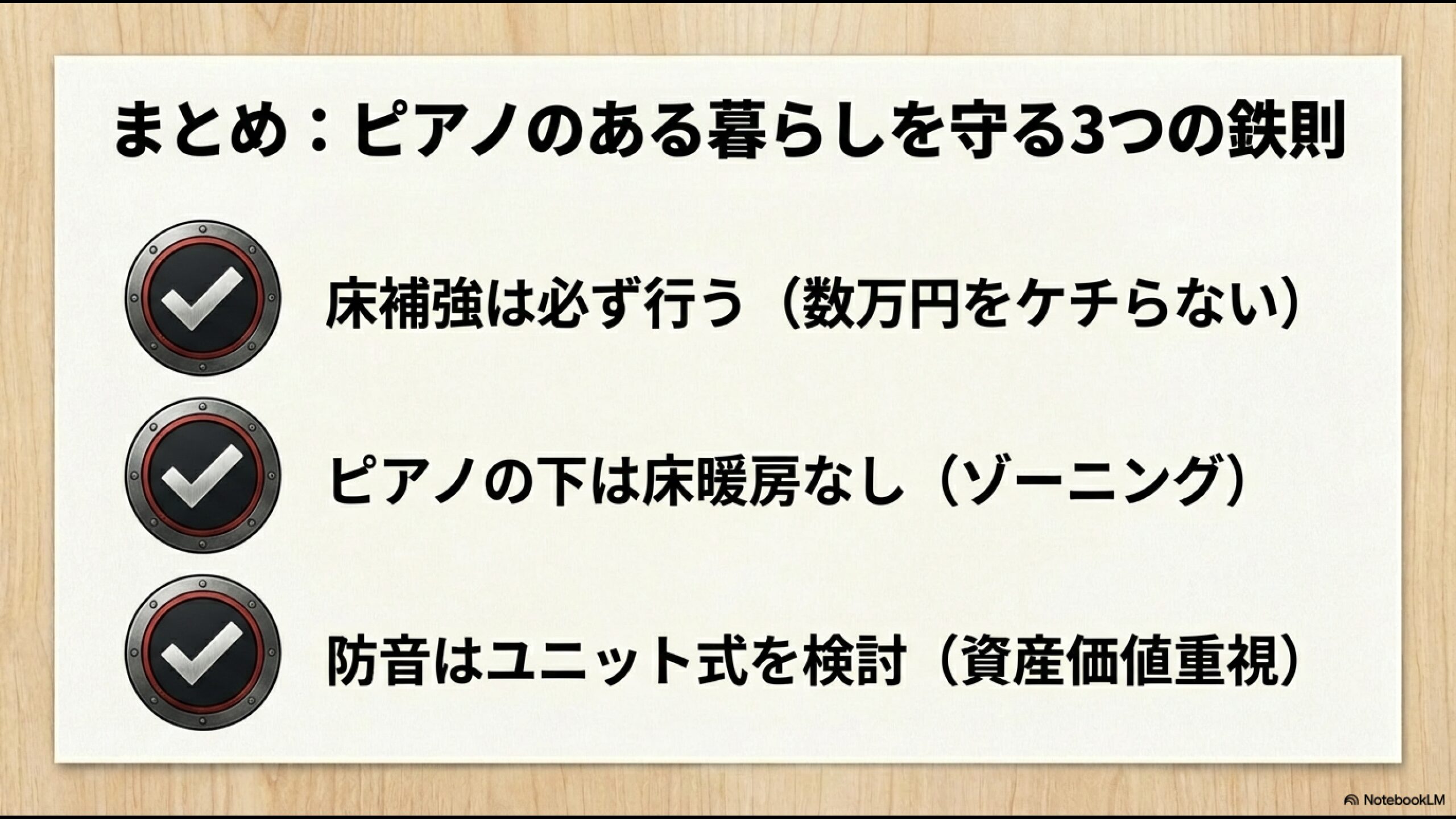 床補強、床暖房ゾーニング、ユニット防音室の3点を推奨するチェックリストのグラフィック