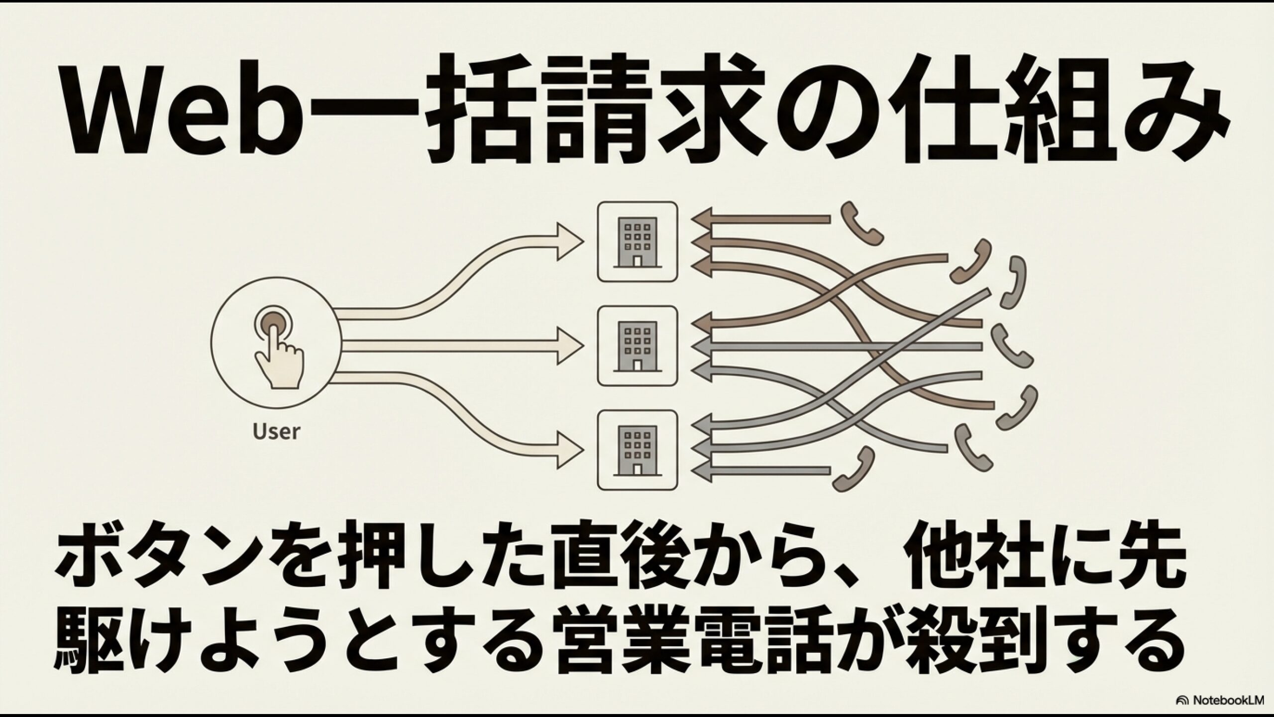 ユーザーがボタンを押した直後から複数の会社による営業電話競争が始まる仕組みの図解