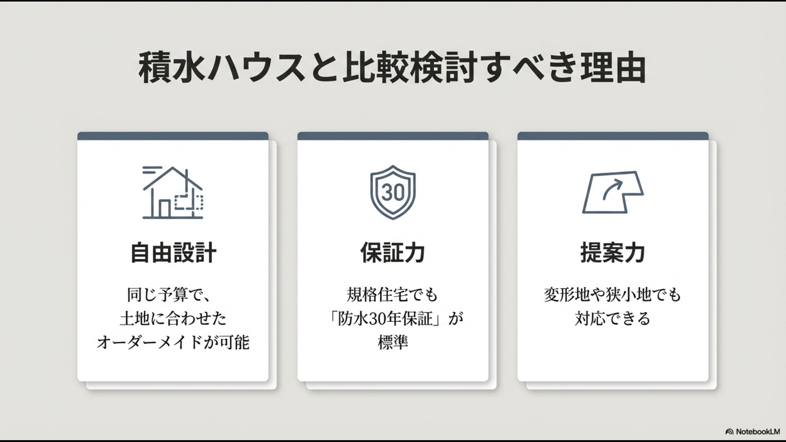 大和ハウスの規格住宅を検討する際に積水ハウスと比較すべき理由は、自由設計・防水30年保証・提案力の3点にある