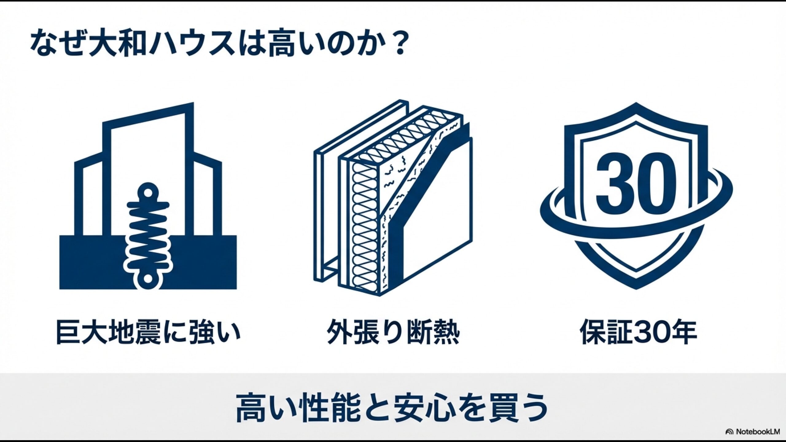 巨大地震に強い構造、外張り断熱、保証30年のイラスト。高い性能と安心を買うためのコストであることを解説。