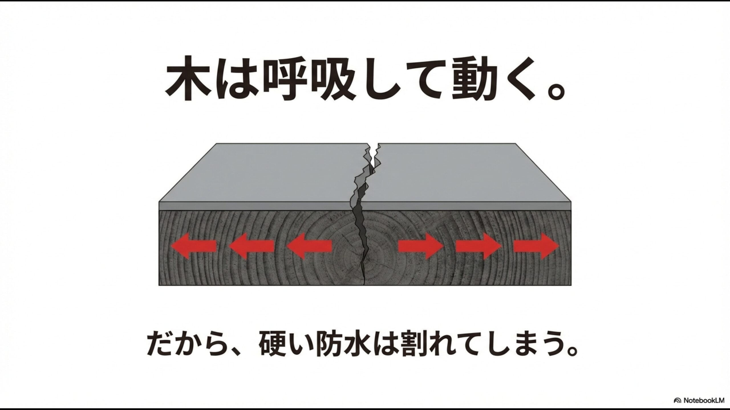 木が呼吸して動くことで、硬い防水層が割れてしまう様子を描いたイラスト