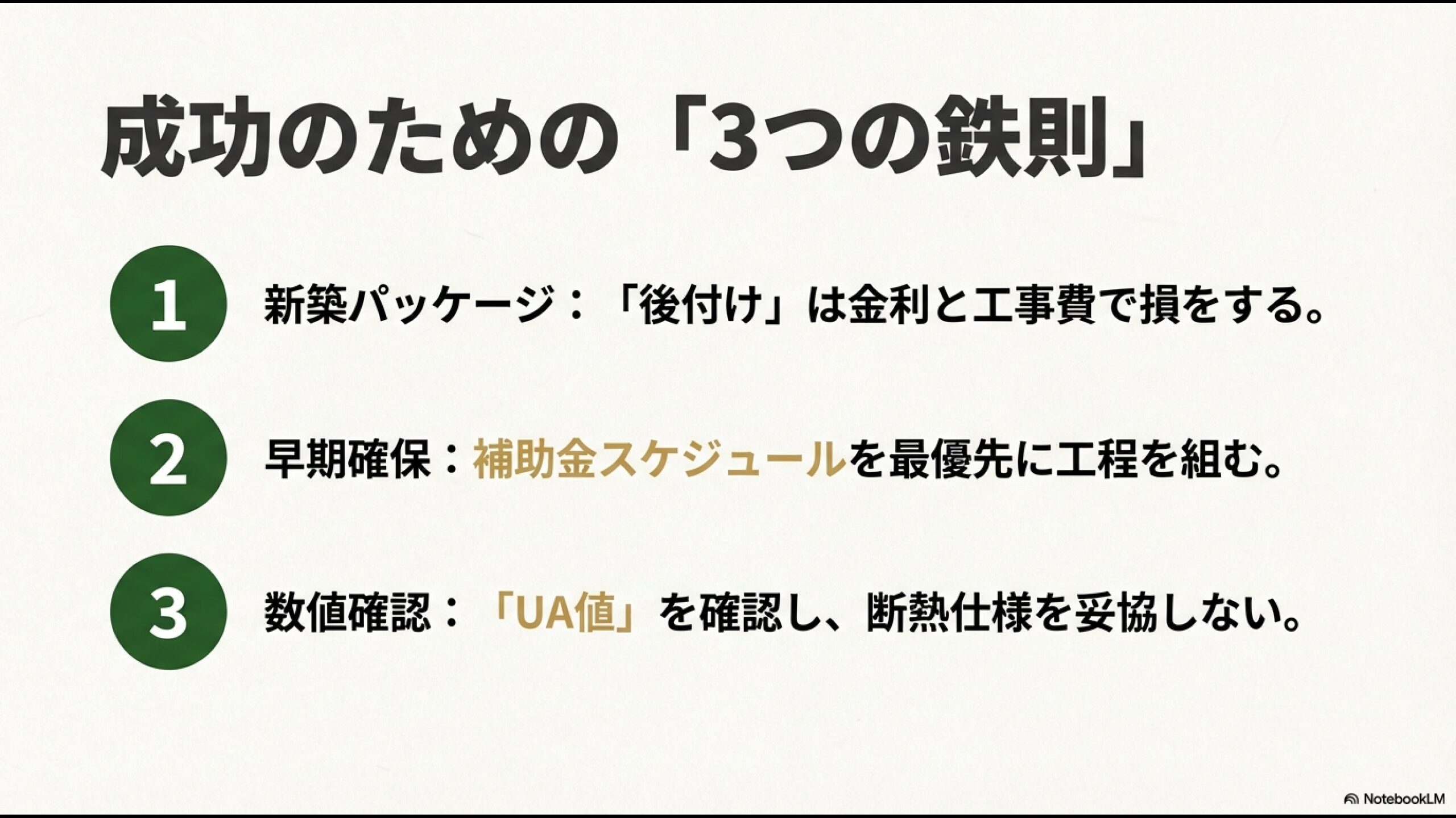 成功のための3つの鉄則。1.新築パッケージにする、2.補助金の早期確保、3.UA値の数値確認。