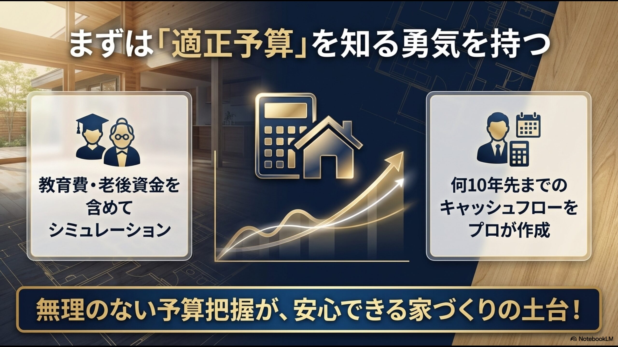 教育費や老後資金を含めたキャッシュフローを作成し、適正予算を知ることの重要性を解説したスライド