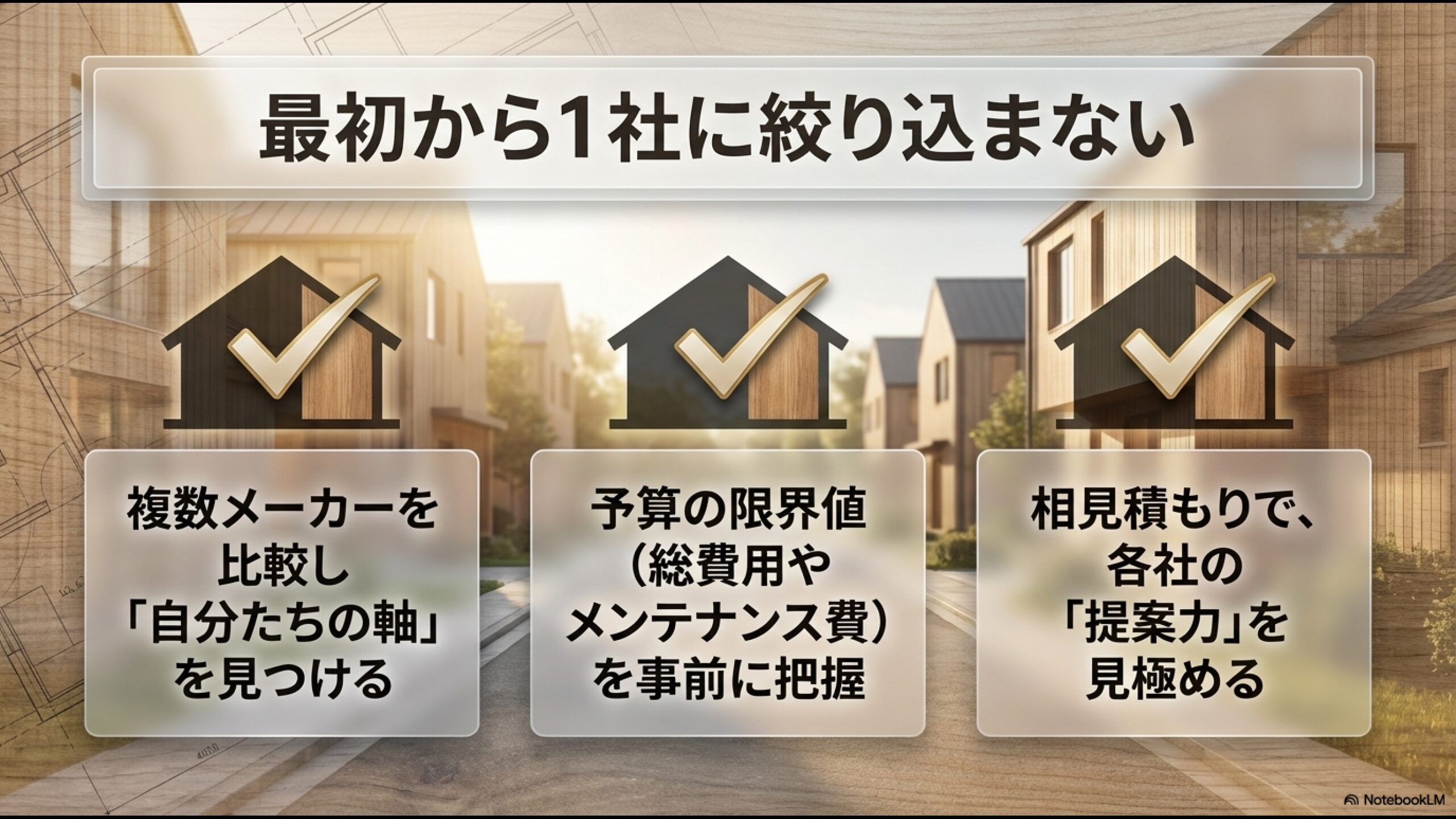 最初から1社に絞らず、複数メーカーを比較し相見積もりを取ることで自分たちの軸や提案力を見極めるポイントのスライド