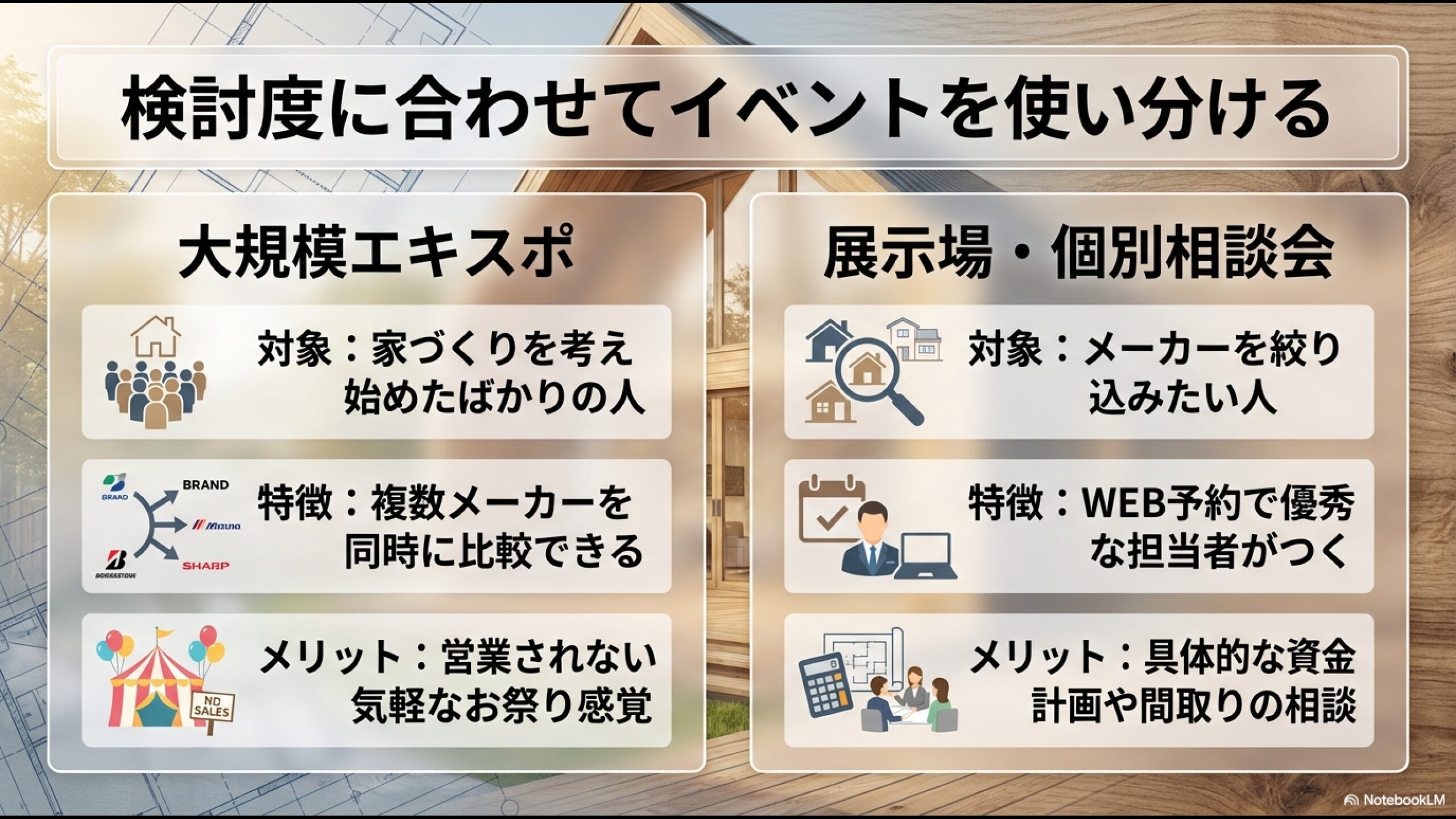 大規模エキスポと展示場・個別相談会の特徴やメリットを比較したスライド
