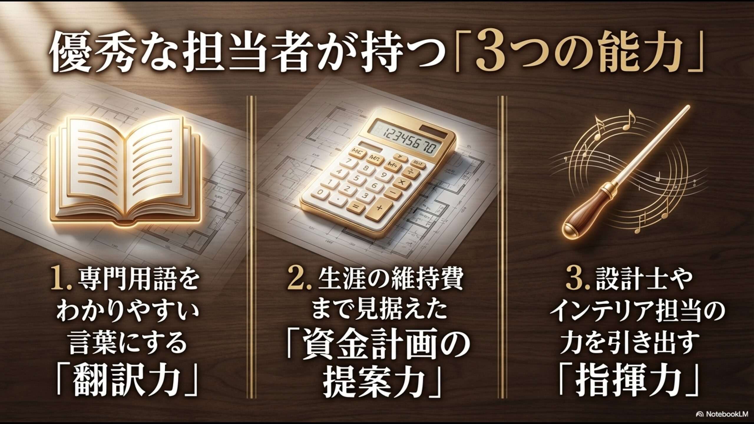 専門用語の翻訳力、資金計画の提案力、チームの指揮力という優秀な担当者が持つ3つの能力