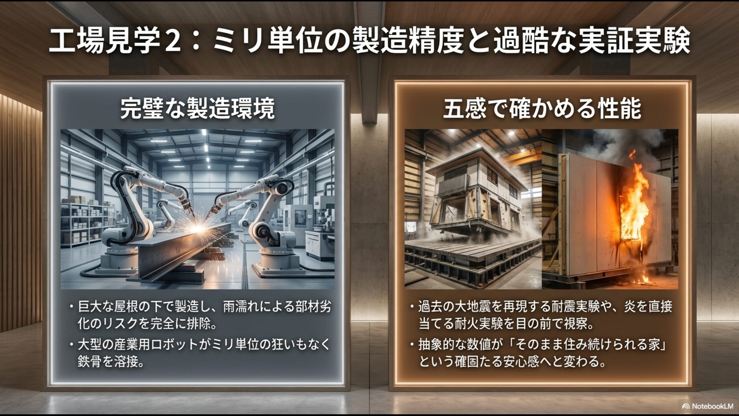 産業用ロボットによる鉄骨の正確な溶接風景と、耐震・耐火実験の様子