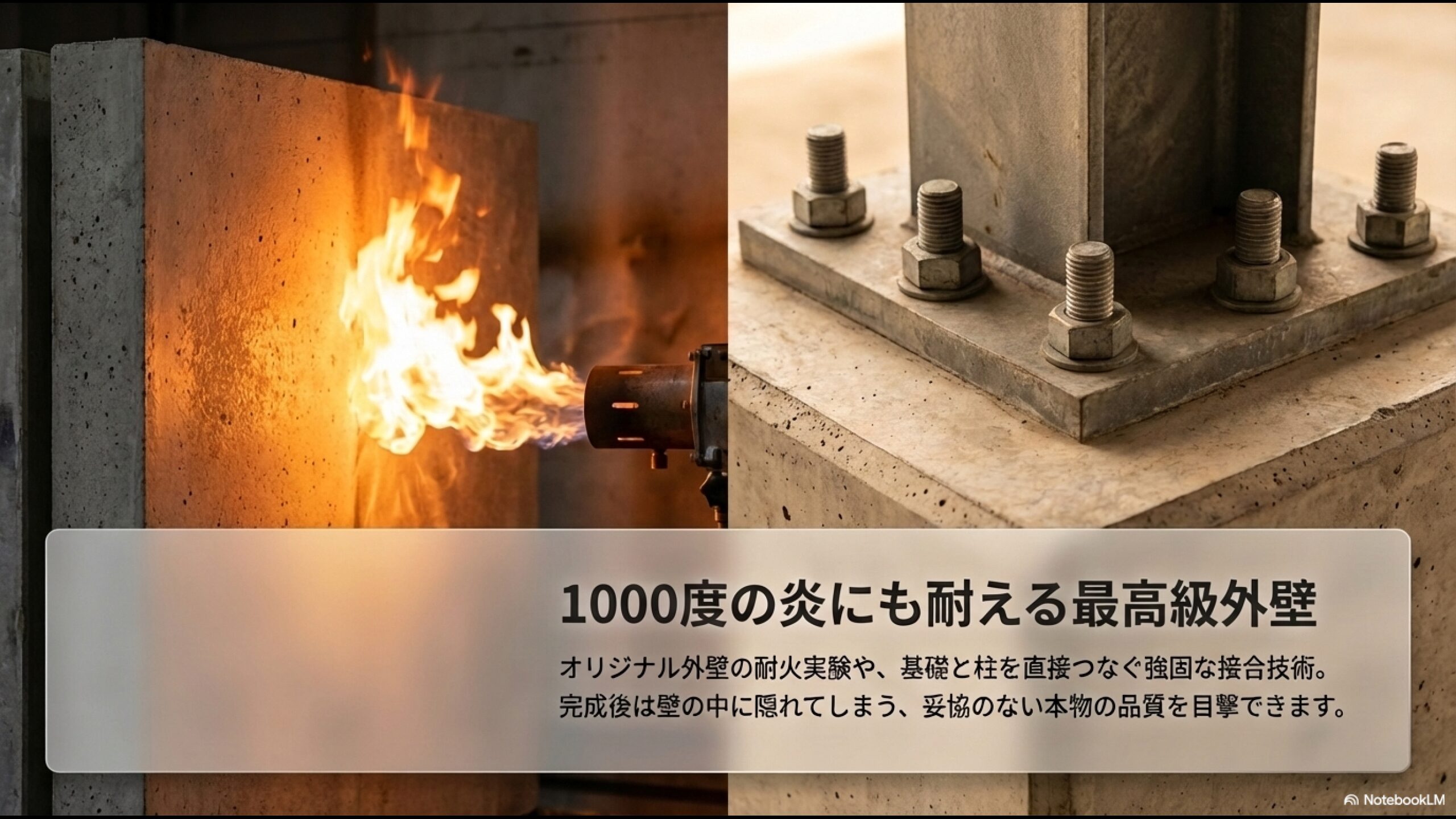 1000度の炎にも耐えるオリジナル外壁の耐火実験と、基礎と柱を直接つなぐ強固な接合技術の解説