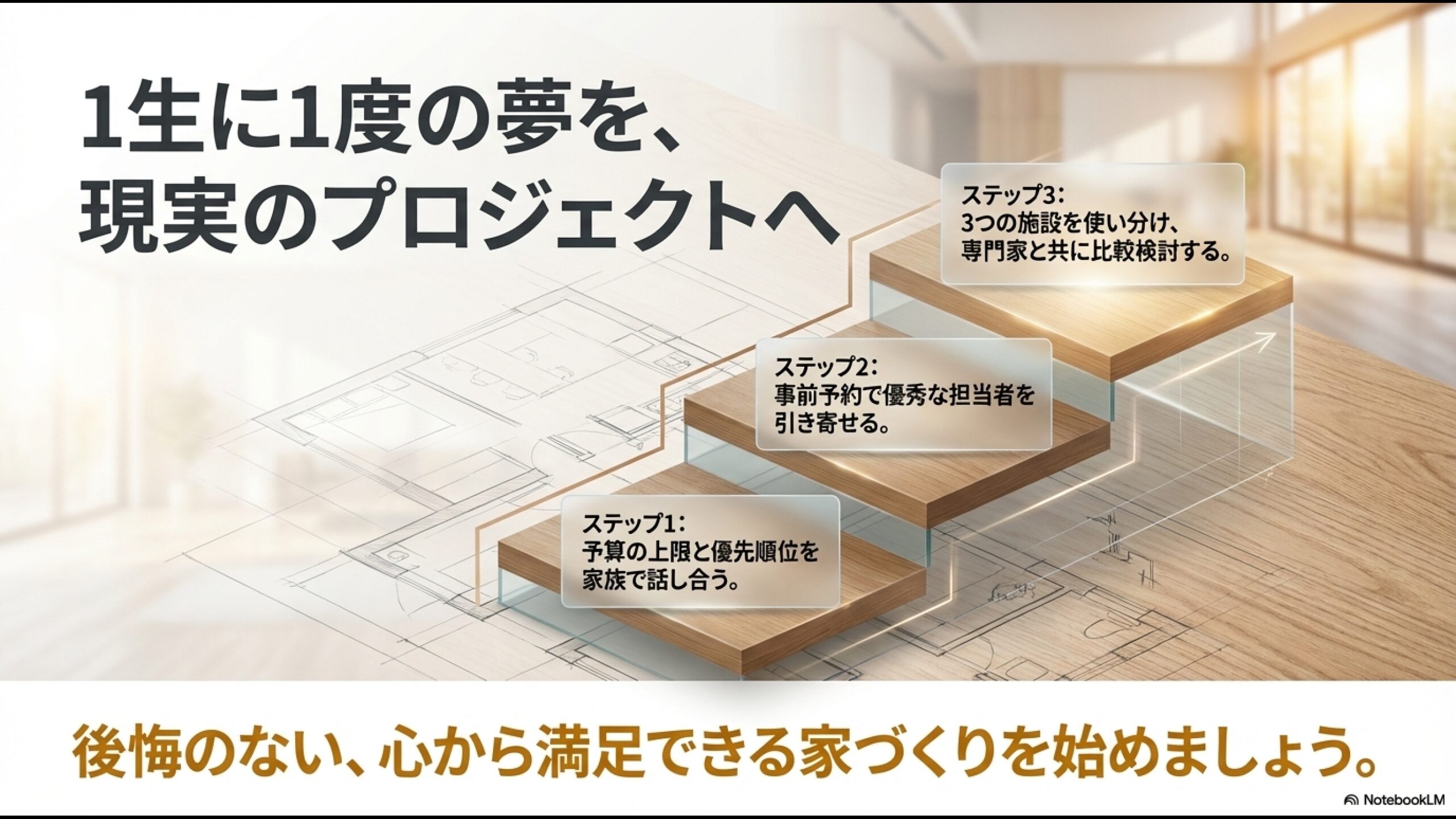 一生に一度の夢を現実のプロジェクトへ。ステップ1:予算と優先順位の話し合い、ステップ2:事前予約で優秀な担当者を引き寄せる、ステップ3:3つの施設を使い分け専門家と比較検討する