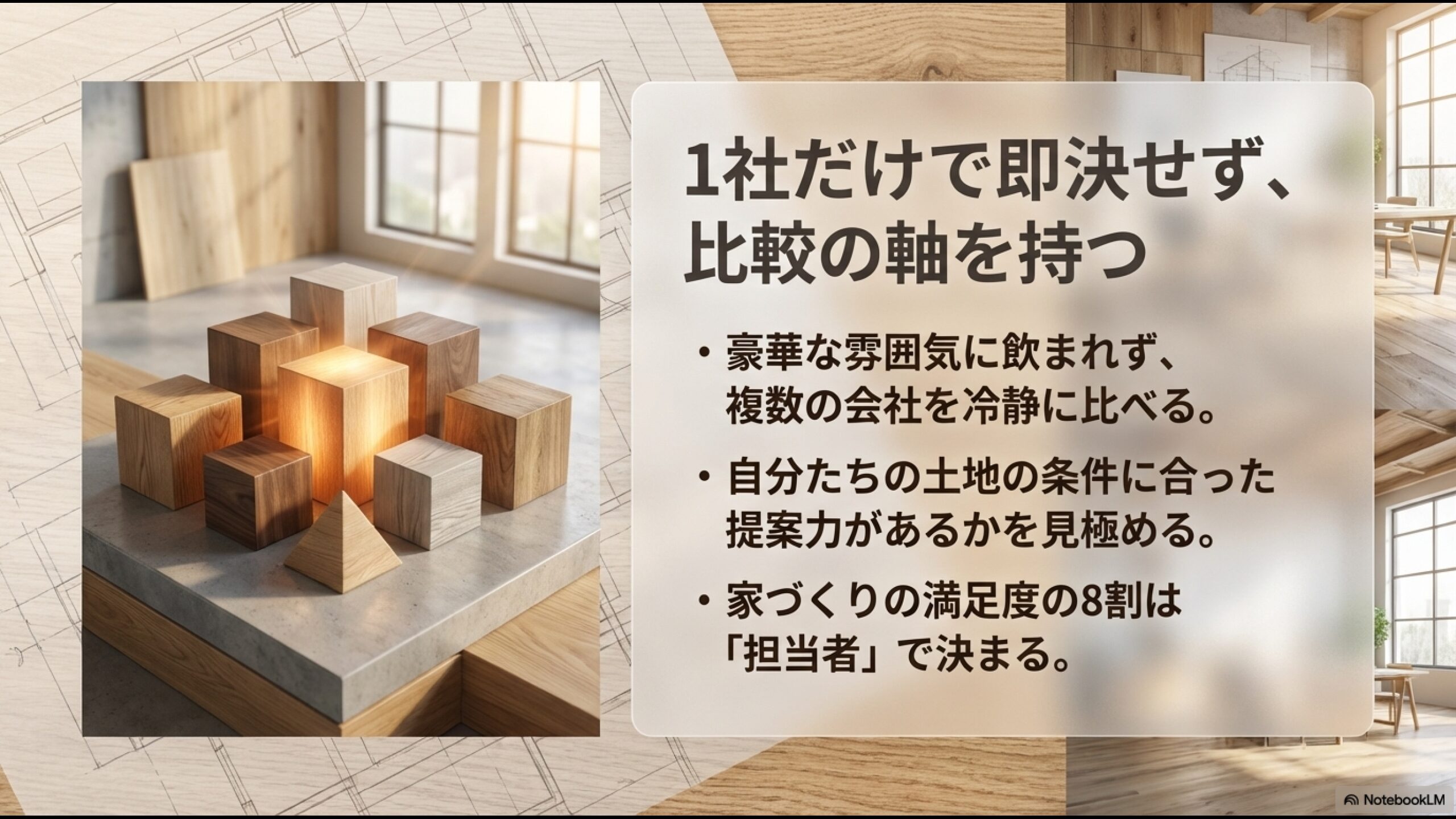 1社だけで即決せず、比較の軸を持つ。豪華な雰囲気に飲まれず複数社を比べ、土地に合った提案力を見極める。家づくりの満足度の8割は担当者で決まる