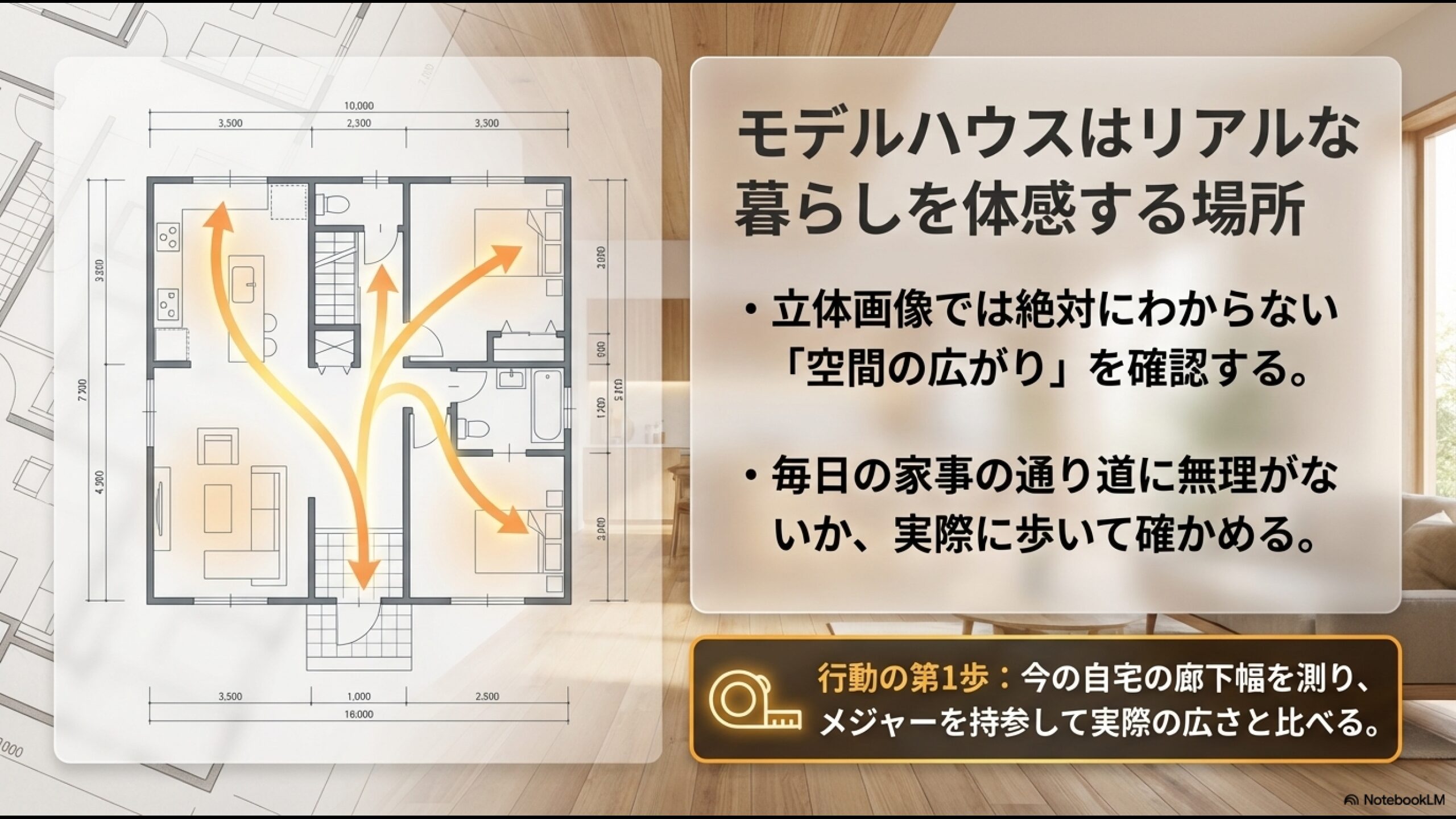 モデルハウスはリアルな暮らしを体感する場所。空間の広がりや毎日の家事動線を確認するため、今の自宅の廊下幅を測りメジャーを持参して実際の広さと比べることが重要