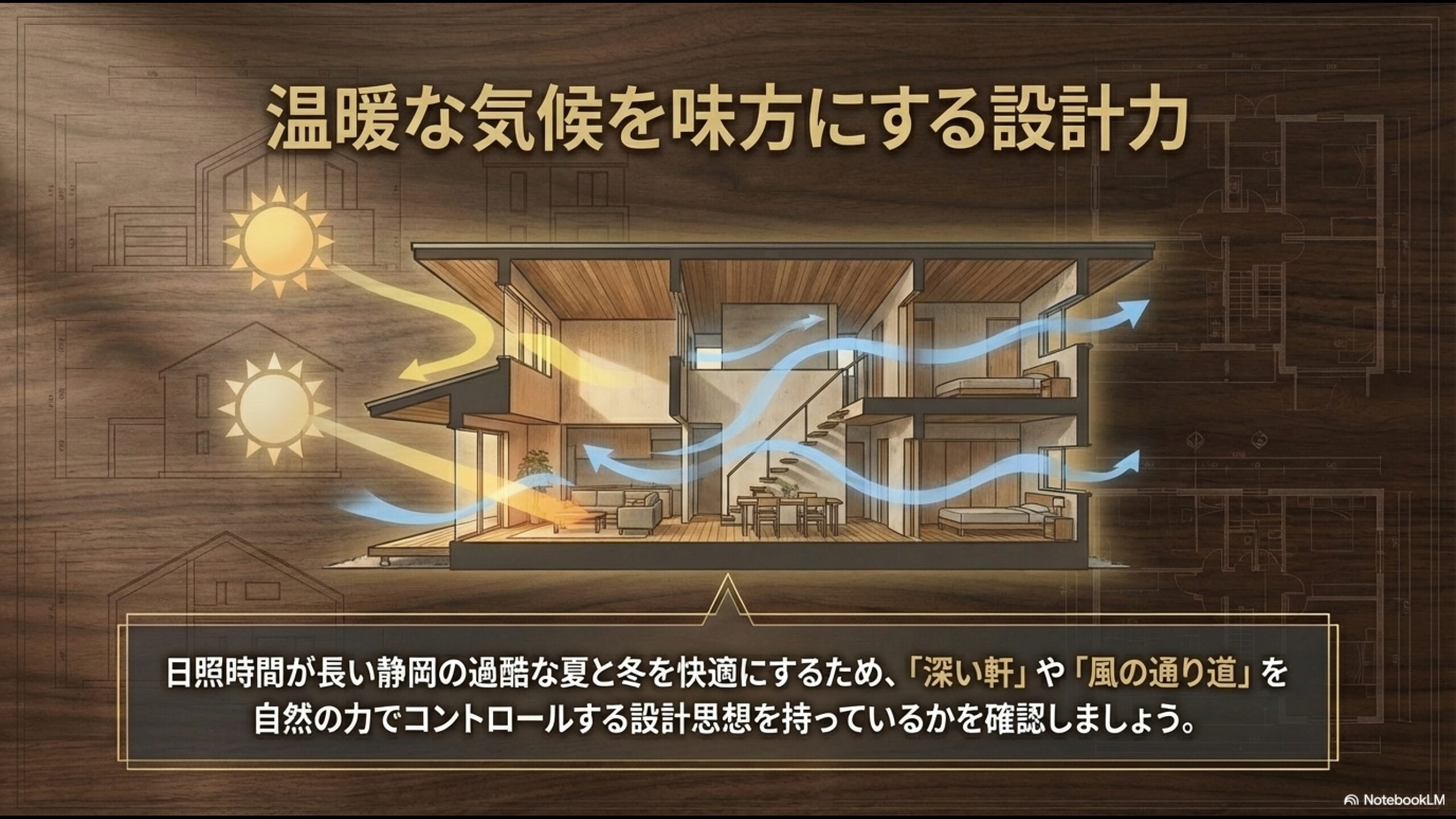 深い軒や風の通り道など、温暖な気候を味方にする自然を活かした設計力