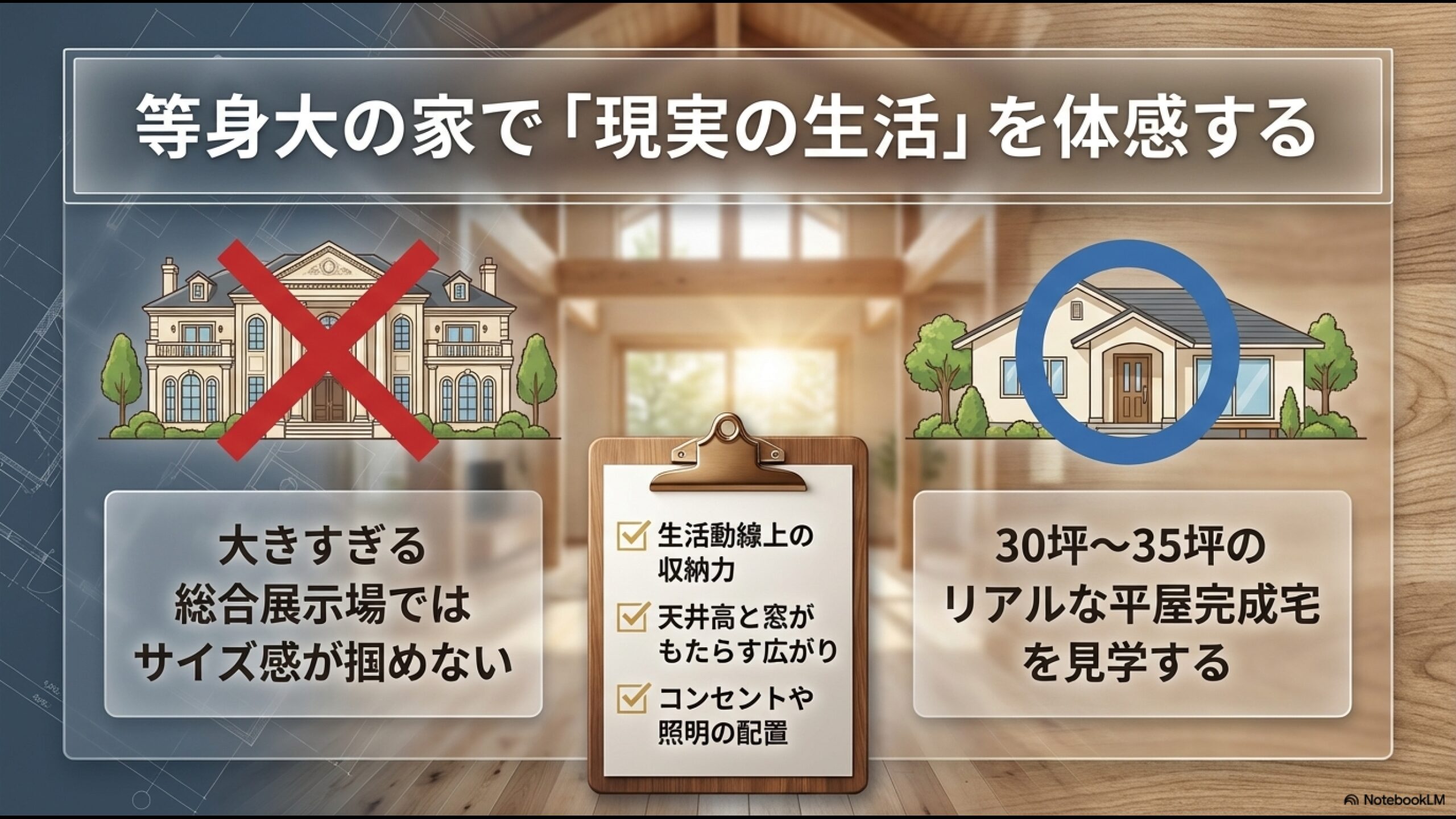 総合展示場ではなく、等身大の平屋完成宅で現実の生活動線や広さを体感するメリットを示したスライド