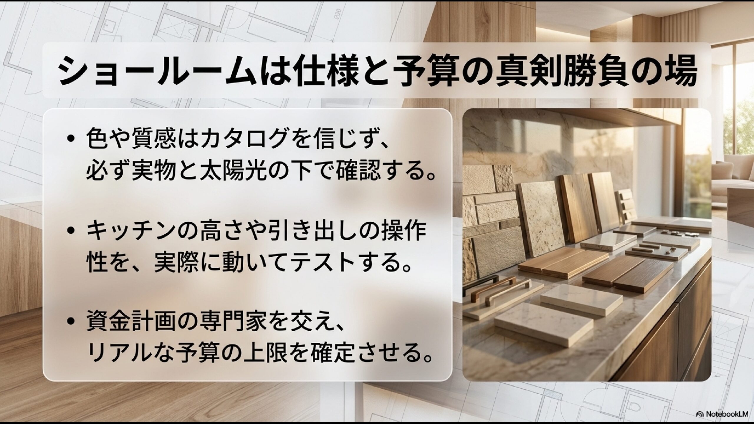 ショールームは仕様と予算の真剣勝負の場。実物を太陽光の下で確認し、設備の操作性をテストし、資金計画の専門家とリアルな予算の上限を確定させる