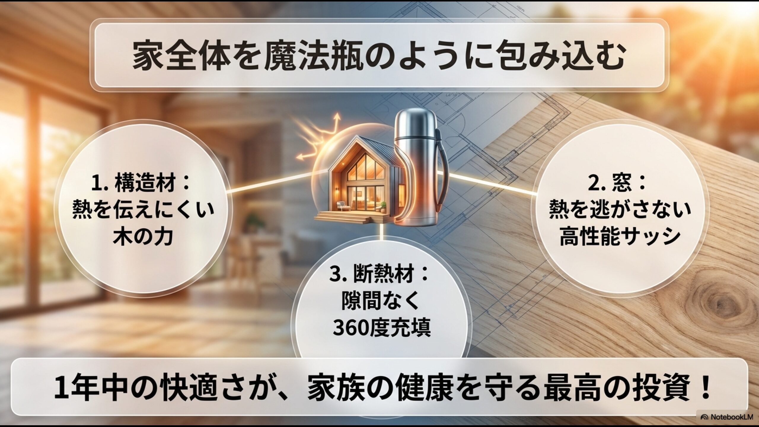 構造材、窓、断熱材の3つの要素で家全体を魔法瓶のように包み込む、360度トリプル断熱の仕組みのスライド