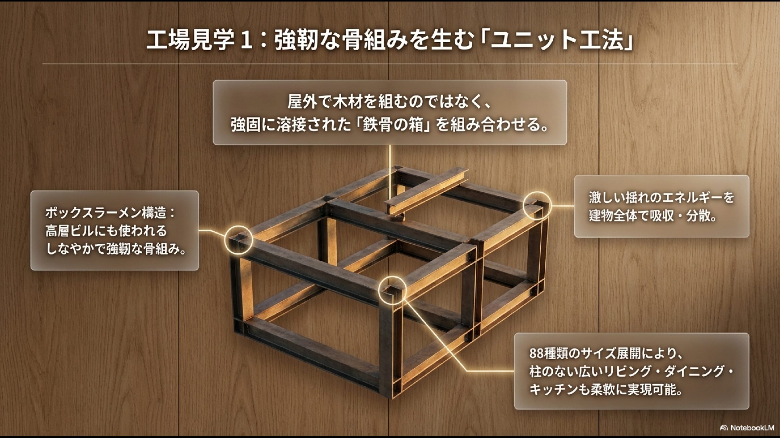 強固な鉄骨の箱を組み合わせるユニット工法と、激しい揺れを吸収するボックスラーメン構造の解説